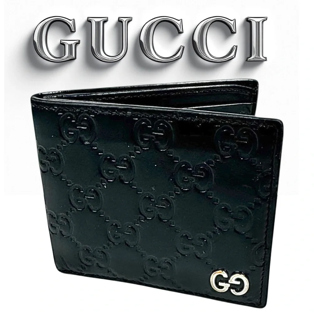 Gucci Black Leather Bifold Wallet GG Logo Silver Hardware Men’s Authentic